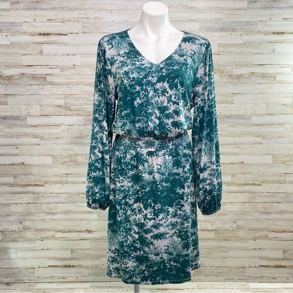 Jason Wu Stretch Long Sleeve Dress Womens Size M Teal Green Print Smocked Waist - Picture 2 of 13